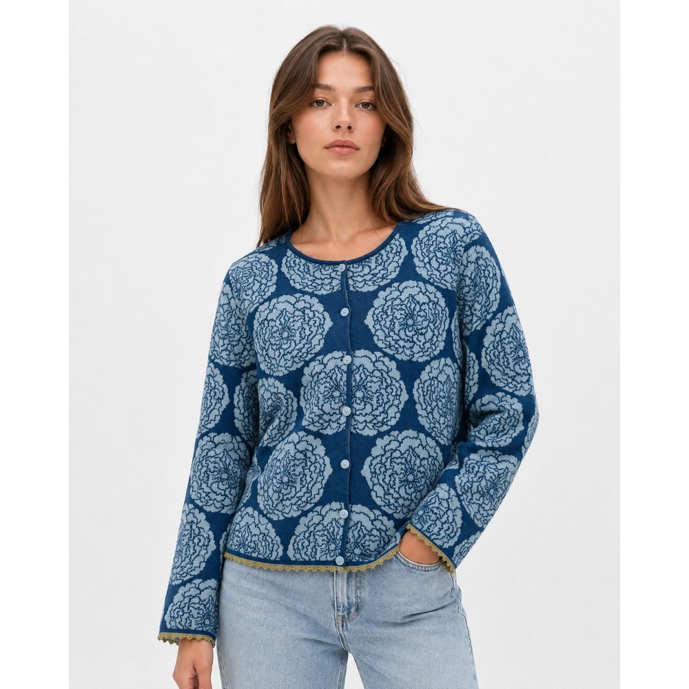 Oleana Medium Blue Floral Jacquard Wool Knit Cardigan Mother of Pearl Buttons